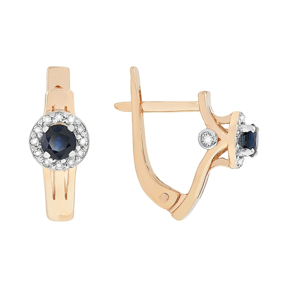 Золотые серьги с бриллиантом и сапфиром № 99342