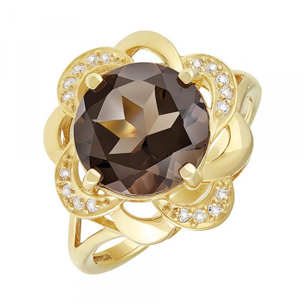 Серебряное кольцо с раухтопазом, фианитом и золотым покрытием № 132611