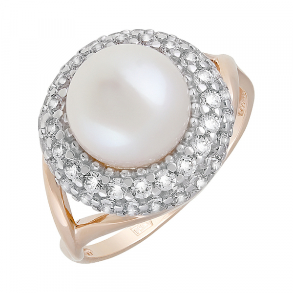 Золотое кольцо с жемчугом и фианитом № 127882