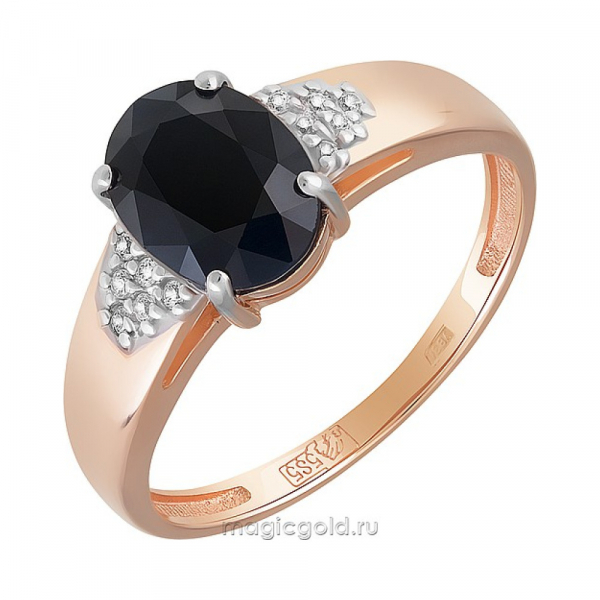 Золотое кольцо с бриллиантом и чёрным сапфиром № 164539