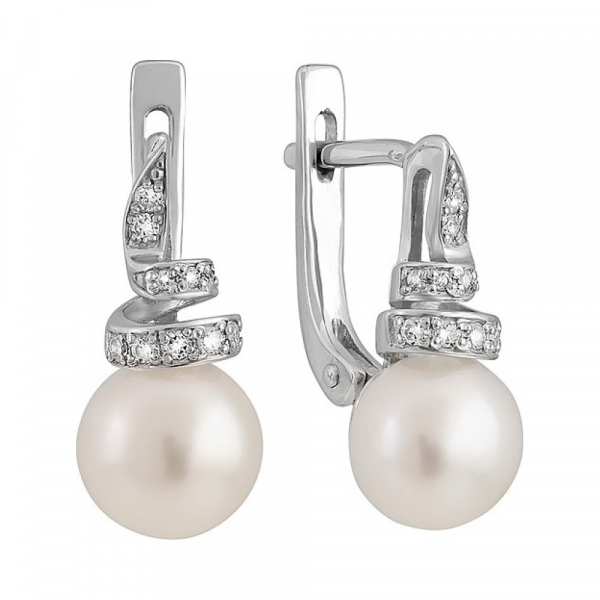 Серебряные серьги с жемчугом и фианитом № 131556