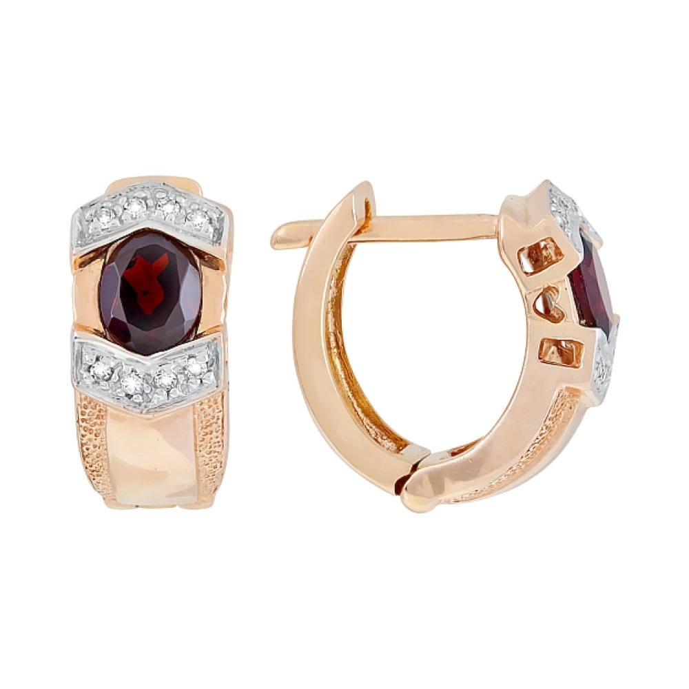 Золотые серьги с бриллиантом и гранатом № 3028
