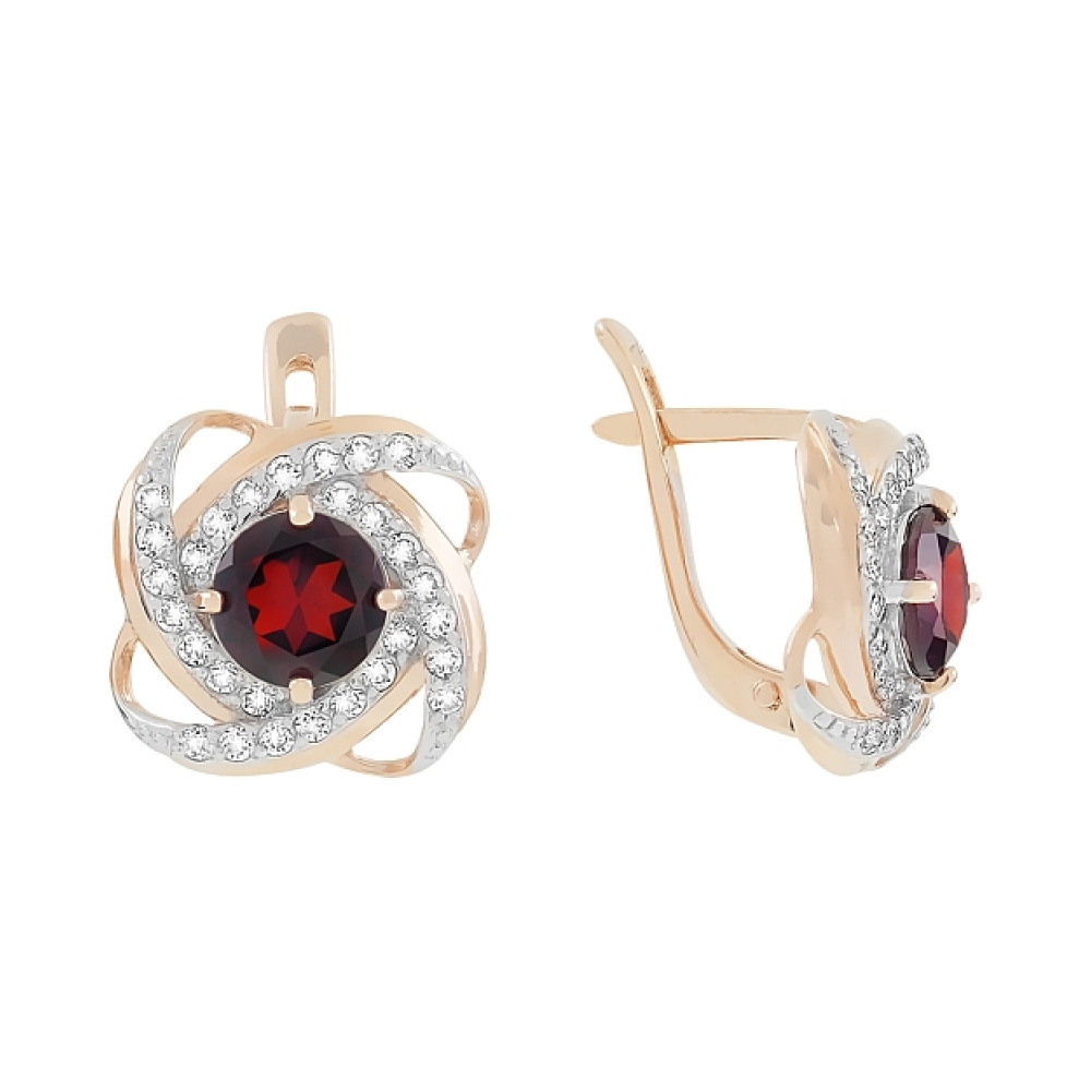 Золотые серьги с гранатом и фианитом № 81078