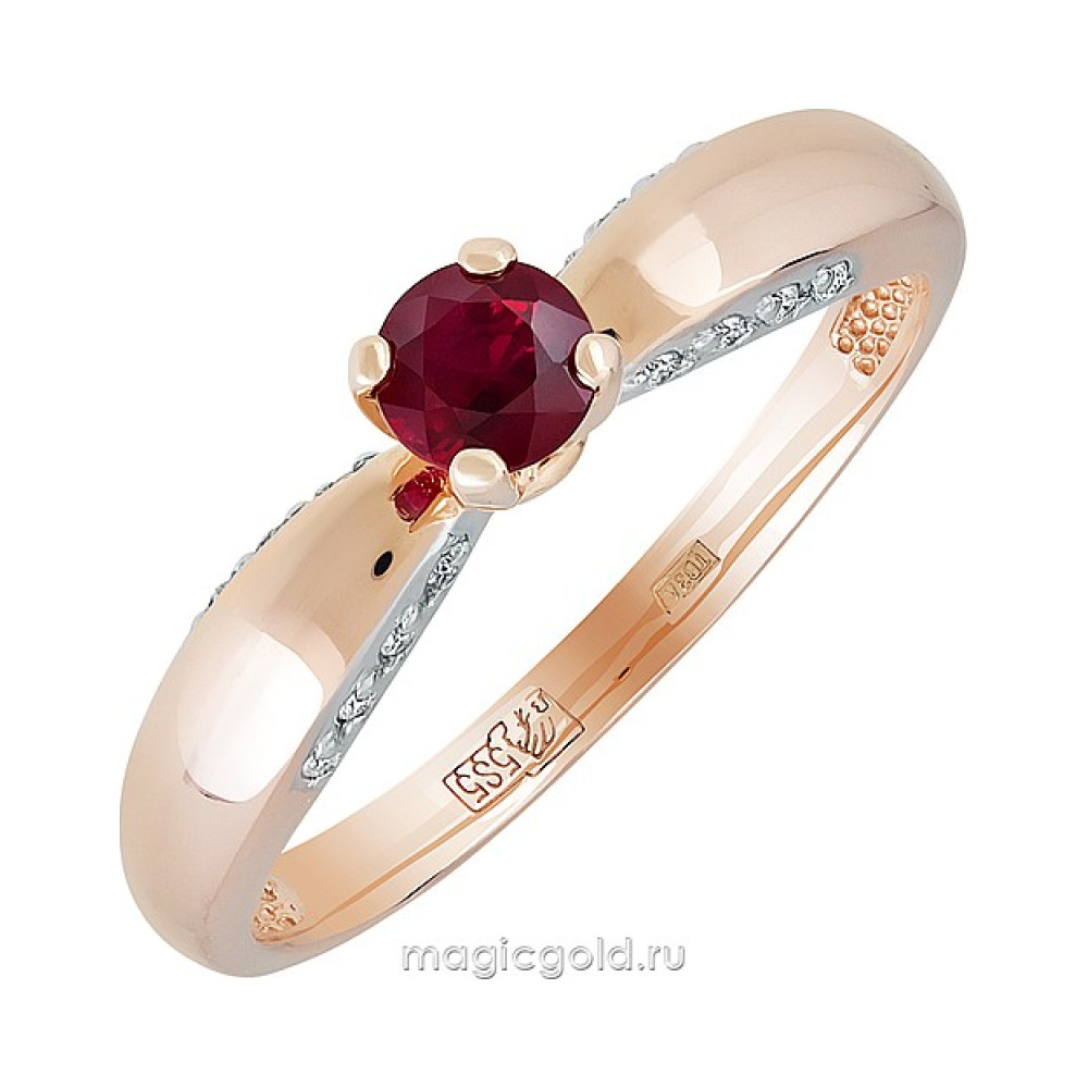 Золотое кольцо с бриллиантом и рубином № 151376