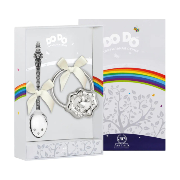 Набор для малышей DODO Зайка: ложка Зайка с чернением и погремушка из серебра 925 пробы