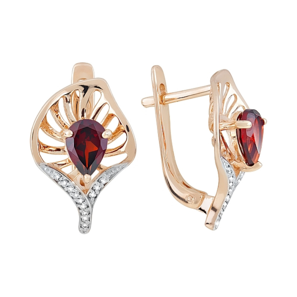 Золотые серьги с гранатом и фианитом № 119988