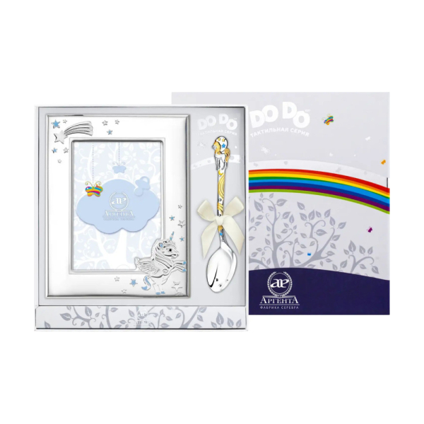Набор детский DODO Единорог голубой: ложка и рамкаиз серебра 925 пробы