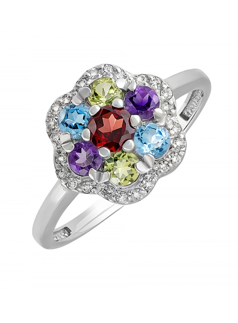 Серебряное кольцо с полудрагоценными вставками и фианитом № 131460