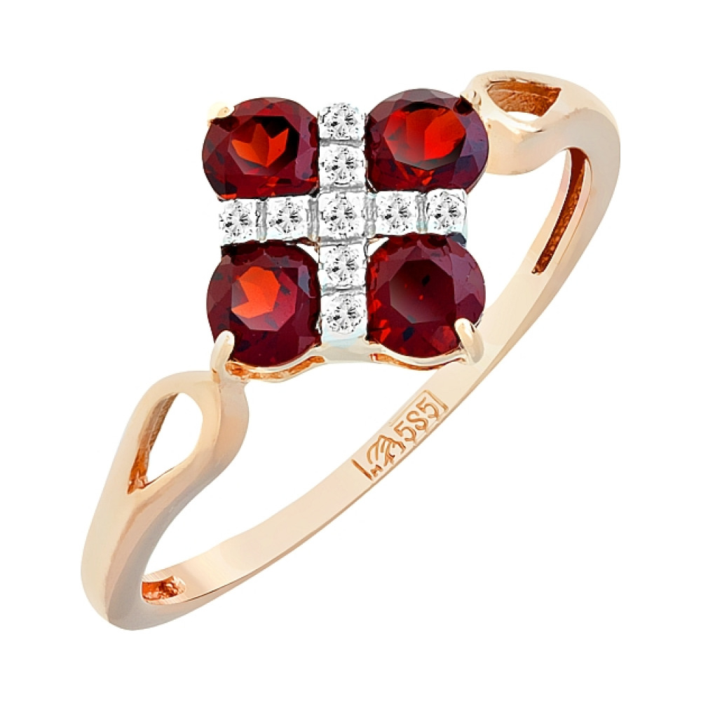 Золотое кольцо с гранатом и фианитом № 109158