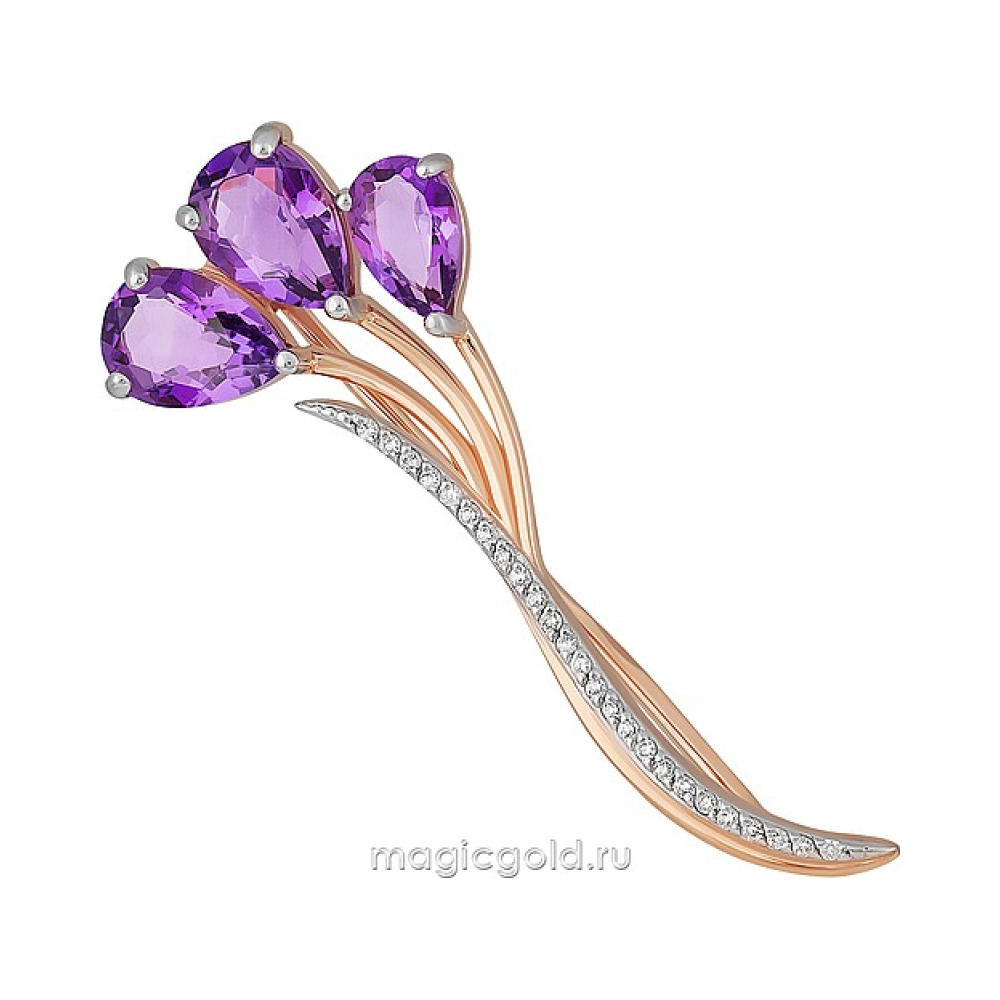 Золотая брошь с аметистом и фианитом № 164164