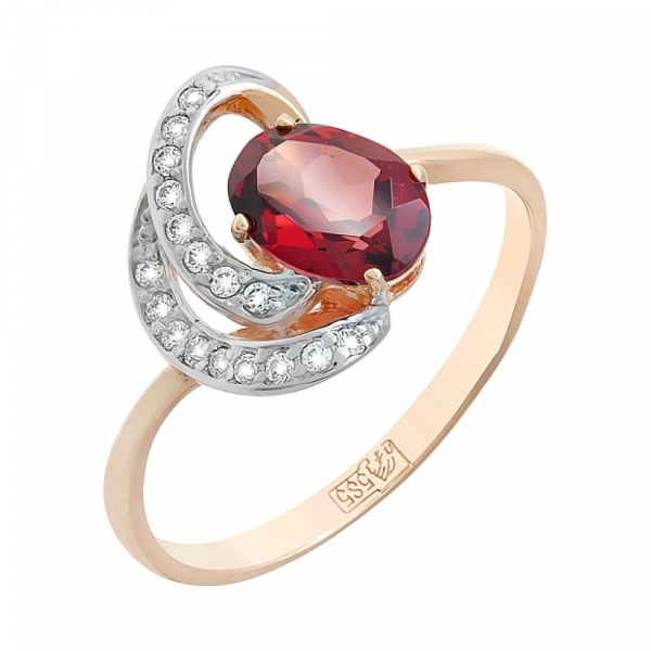 Золотое кольцо с гранатом и фианитом № 105393