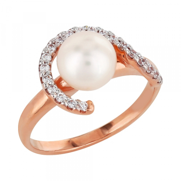 Золотое кольцо с жемчугом и фианитом № 97089