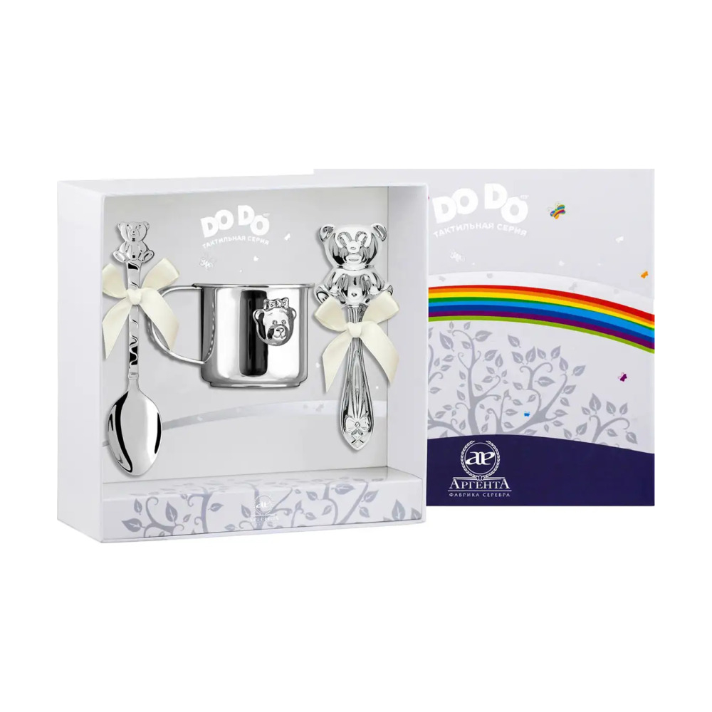 Набор для малышей DODO Мишка - малышка: ложка, погремушка, кружка с позолотой и с эмалью в футляре из серебра 925 пробы