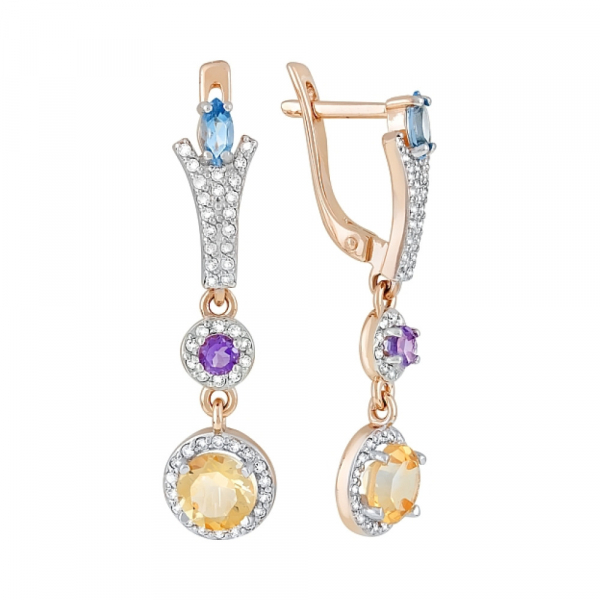 Золотые серьги с полудрагоценными  вставками и фианитом № 120441