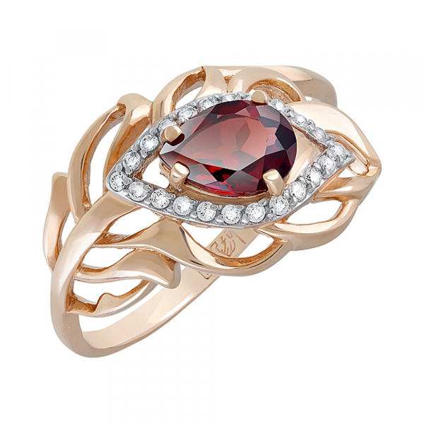 Золотое кольцо с гранатом и фианитом № 121114
