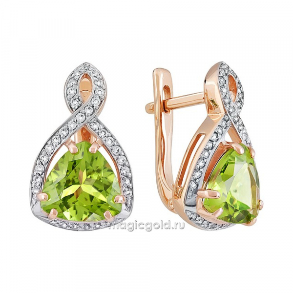 Золотые серьги с хризолитом и фианитом № 139816