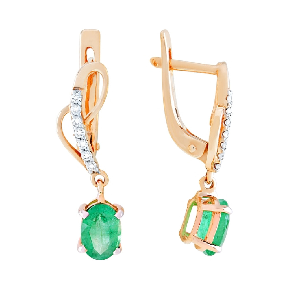 Золотые серьги с бриллиантом и изумрудом № 102799