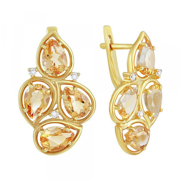 Серебряные серьги с цитрином,  фианитом и золотым покрытием № 133942