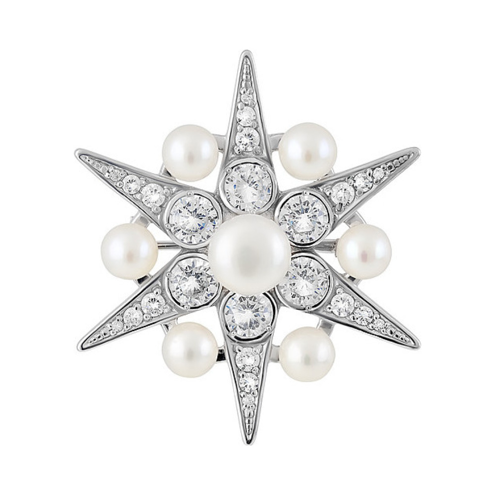 Серебряная брошь с жемчугом и фианитом № 129644