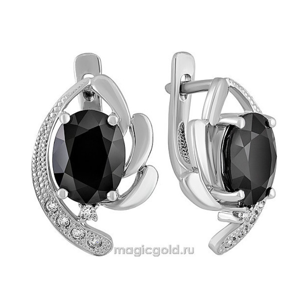 Серебряные серьги с чёрным сапфиром и фианитом № 130219