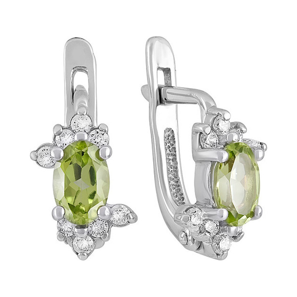 Серебряные серьги с хризолитом и фианитом № 132083