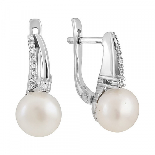 Серебряные серьги с жемчугом и фианитом № 131555