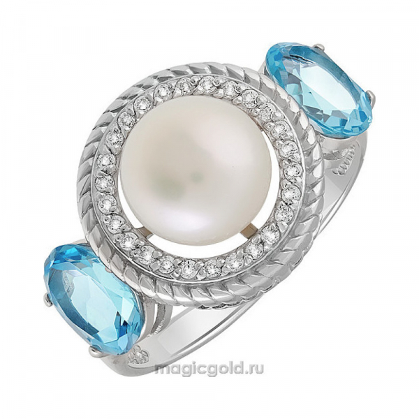 Серебряное кольцо с топазом жемчугом и фианитом № 135333