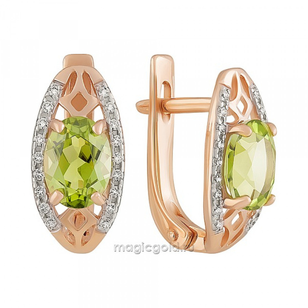 Золотые серьги с хризолитом и фианитом № 158973