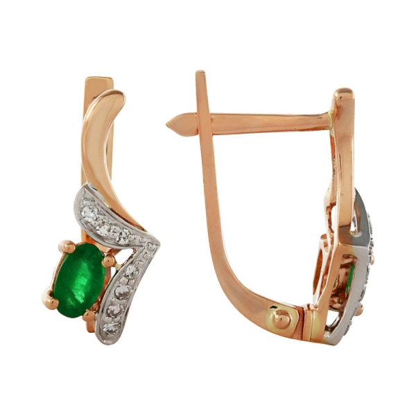 Золотые серьги с бриллиантом и изумрудом № 99118