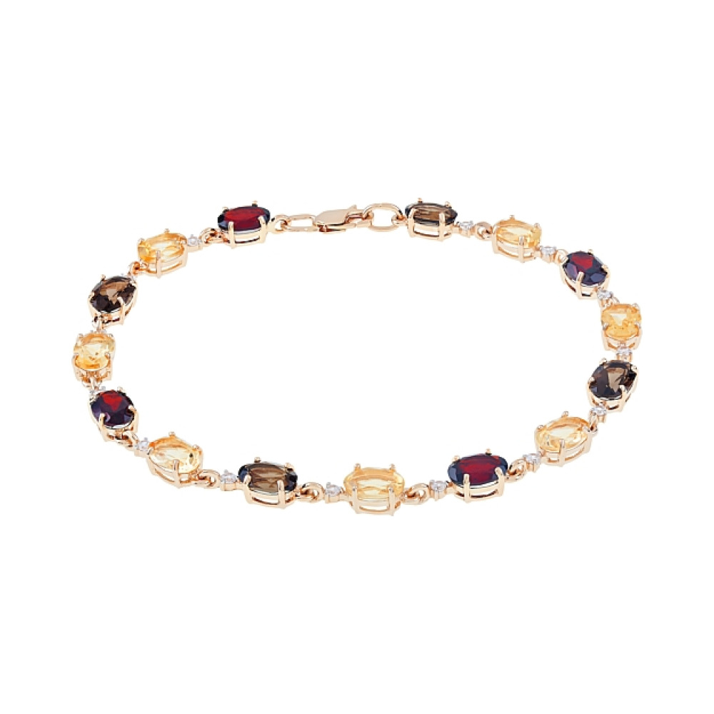Золотой браслет с гранатом, цитрином,раухтопазом и фианитом № 112342