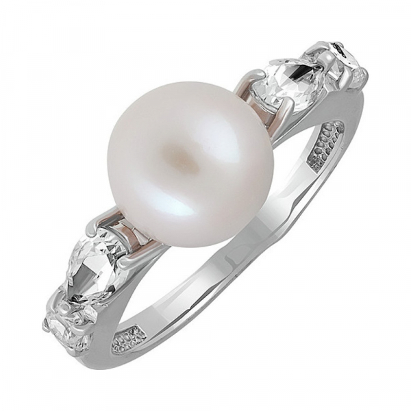 Серебряное кольцо с жемчугом и фианитом № 135330