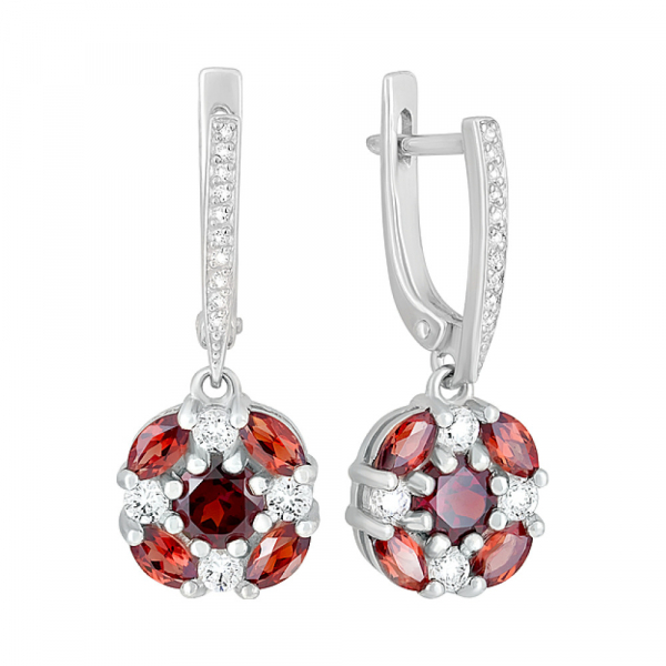 Серебряные серьги с гранатом и фианитом № 123312