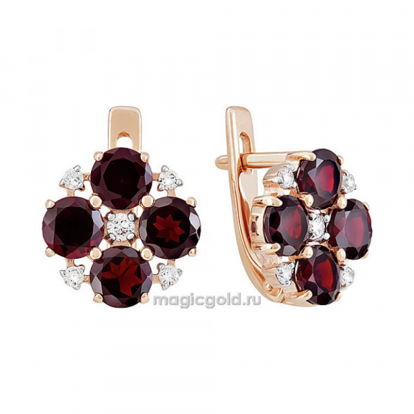 Золотые серьги с гранатом и фианитом № 139825