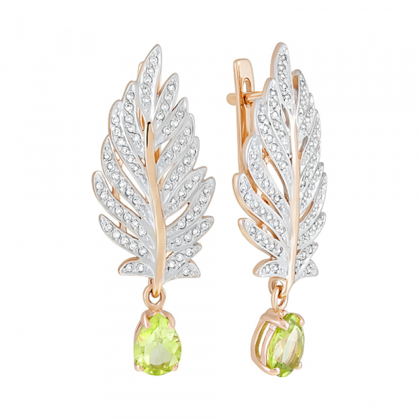 Золотые серьги с хризолитом и фианитом № 124522