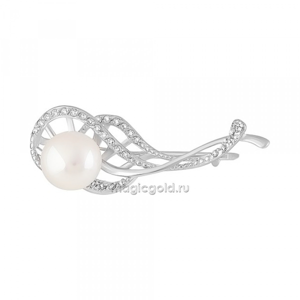 Серебряная брошь с жемчугом и фианитом № 161222