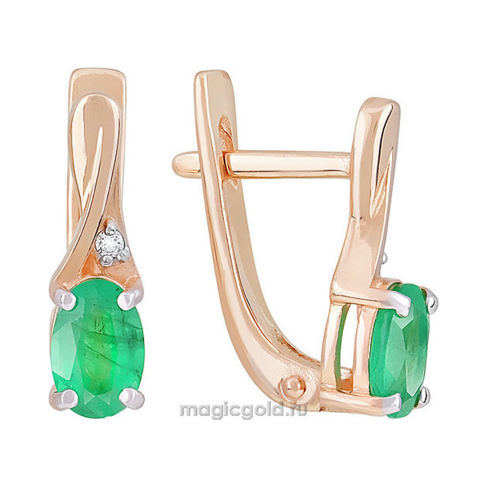 Золотые серьги с бриллиантом и изумрудом № 138593