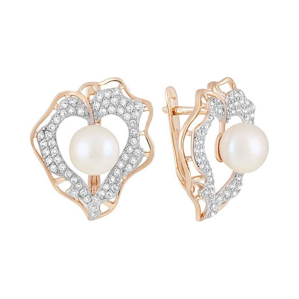 Золотые серьги с жемчугом и фианитом № 128866