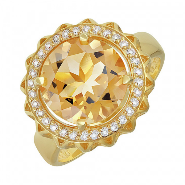 Серебряное кольцо с цитрином, фианитом и золотым покрытием № 134083