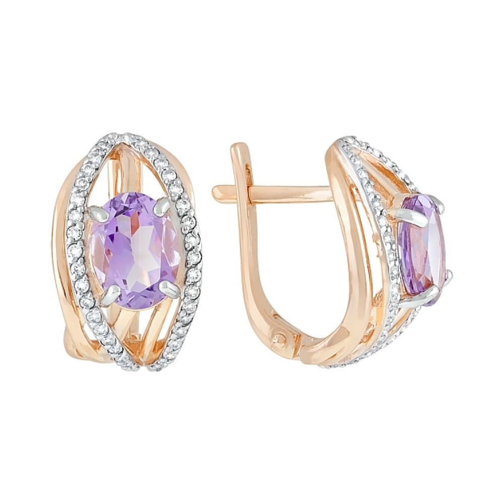 Золотые серьги с аметистом и фианитом № 119598