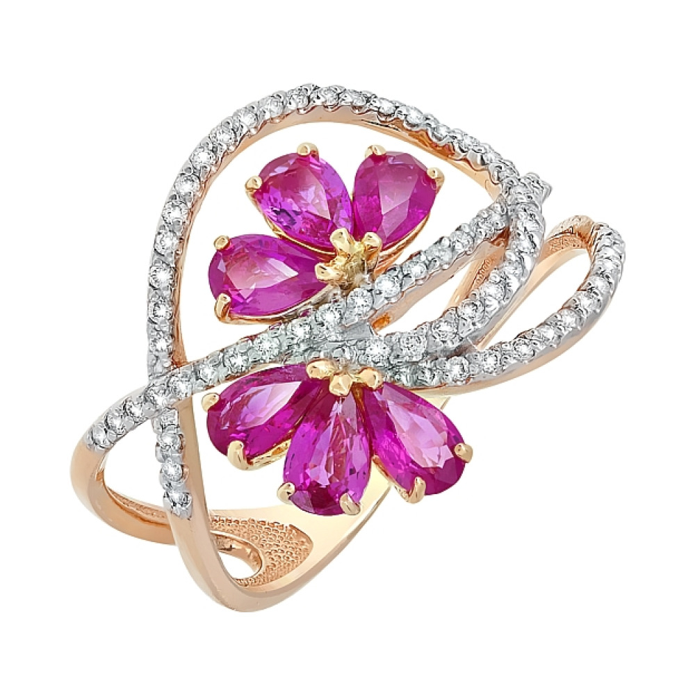 Золотое кольцо с рубином и фианитом № 85634