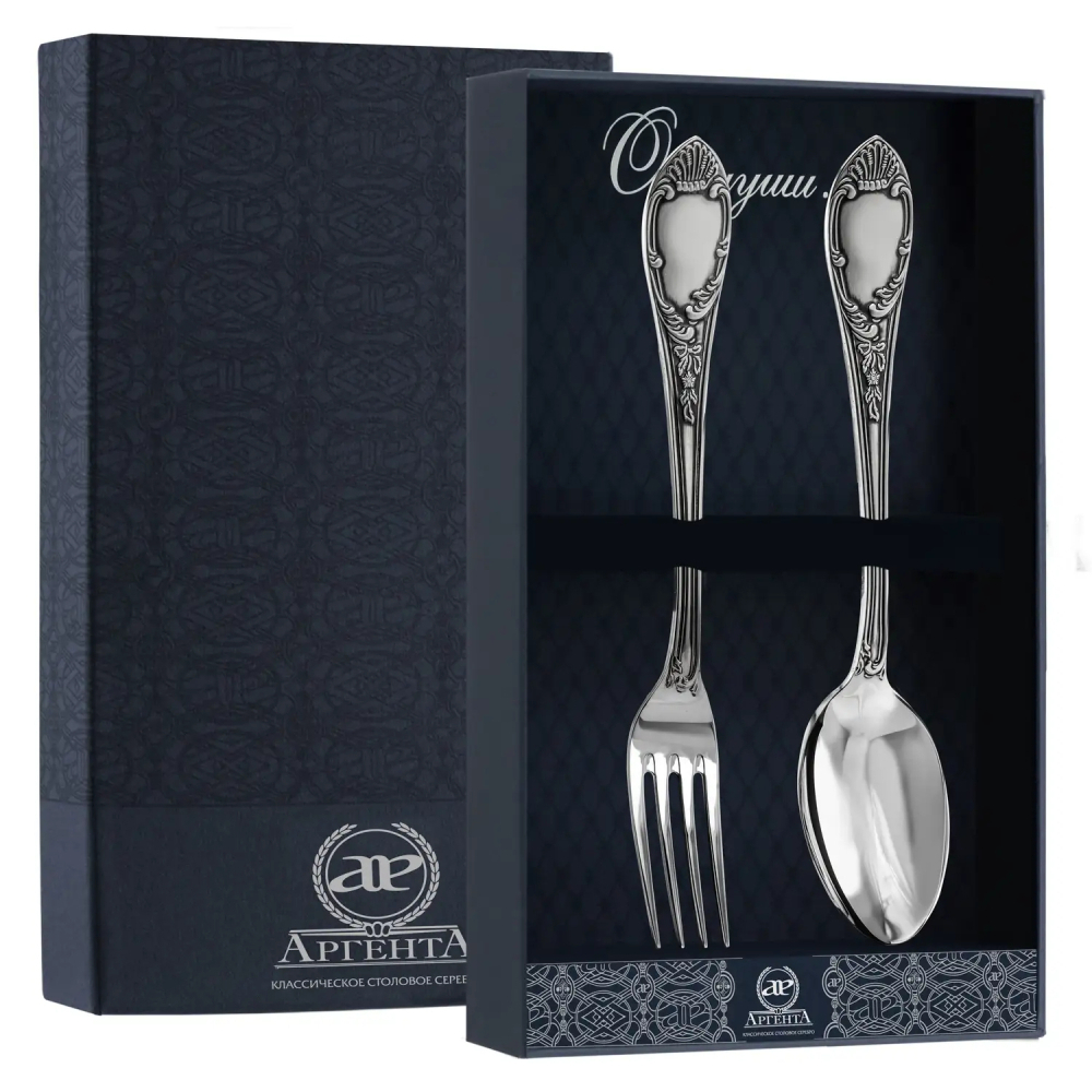 Набор столовый Престиж: вилка и ложка с чернением из серебра 925 пробы