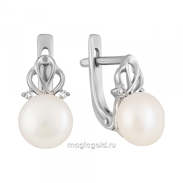 Серебряные серьги с жемчугом и фианитом № 151353