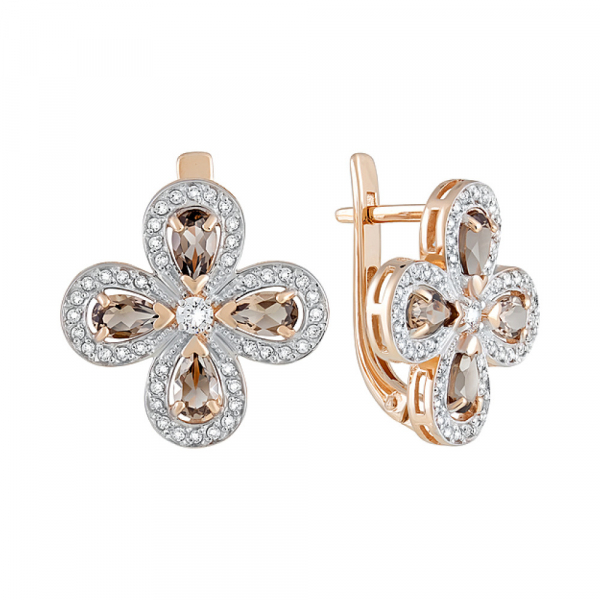 Золотые серьги с раухтопазом и фианитом № 128488