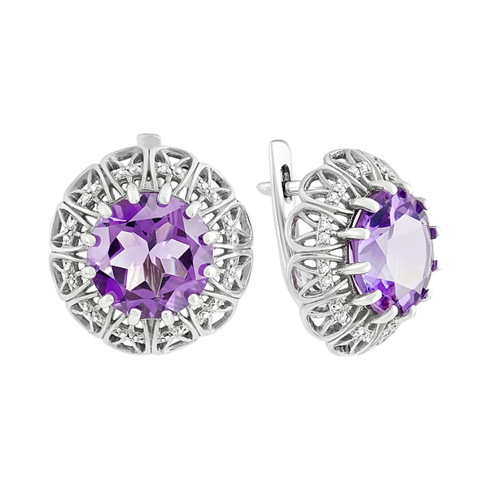 Серебряные серьги с аметистом и фианитом № 129614