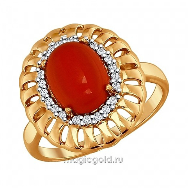 Серебряное кольцо с кораллом, фианитом и золот. покрытием № 138451