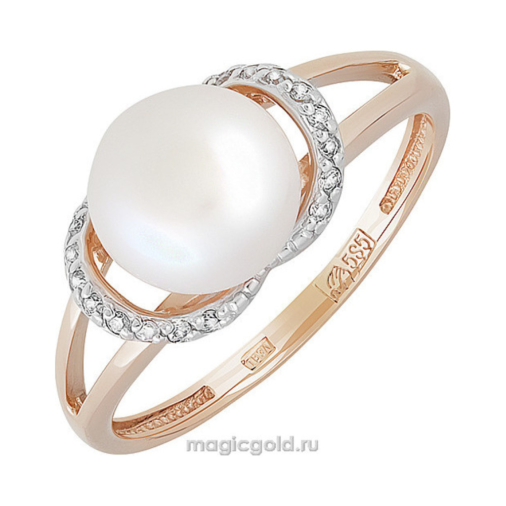 Золотое кольцо с жемчугом и фианитом № 151363