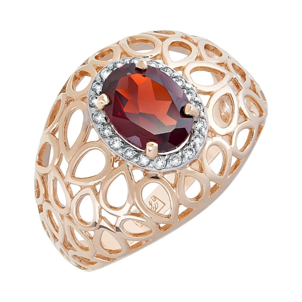 Золотое кольцо с гранатом и фианитом № 119930
