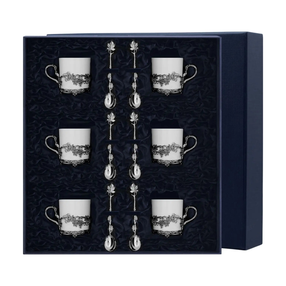 Набор кофейных чашек Виноград на 6 персон: ложка, чашка с чернением из серебра 925 пробы