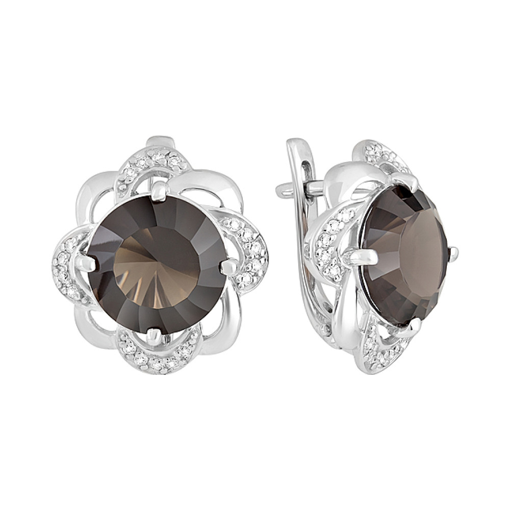 Серебряные серьги с раухтопазом и фианитом № 129758