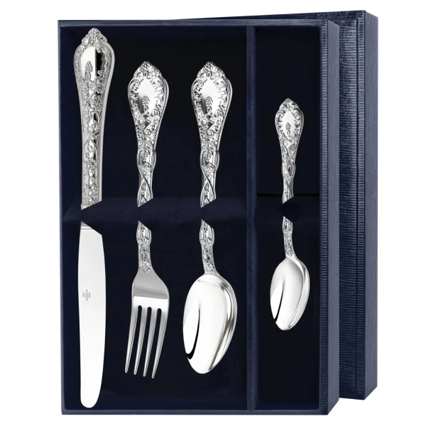 Набор столовый Виноградная лоза на 1 персону: вилка, ложка, нож, чайная ложка. из серебра 925 пробы